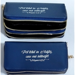 Portofel bleumarin pentru femei, doua fermuare, Pot totul in Hristos!